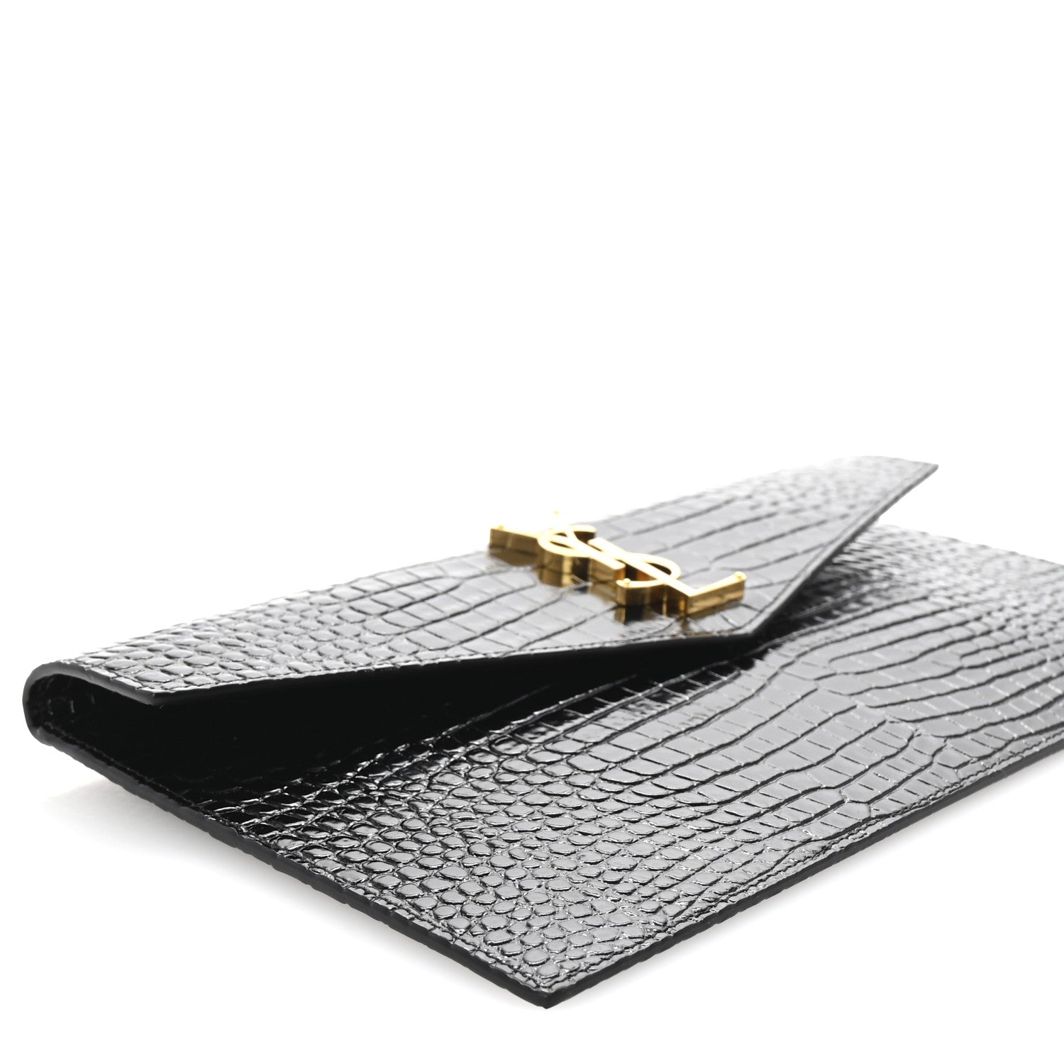 Saint Laurent Calfskin Crocodile Embossed Uptown Monogram Pouch Black 4 of 7