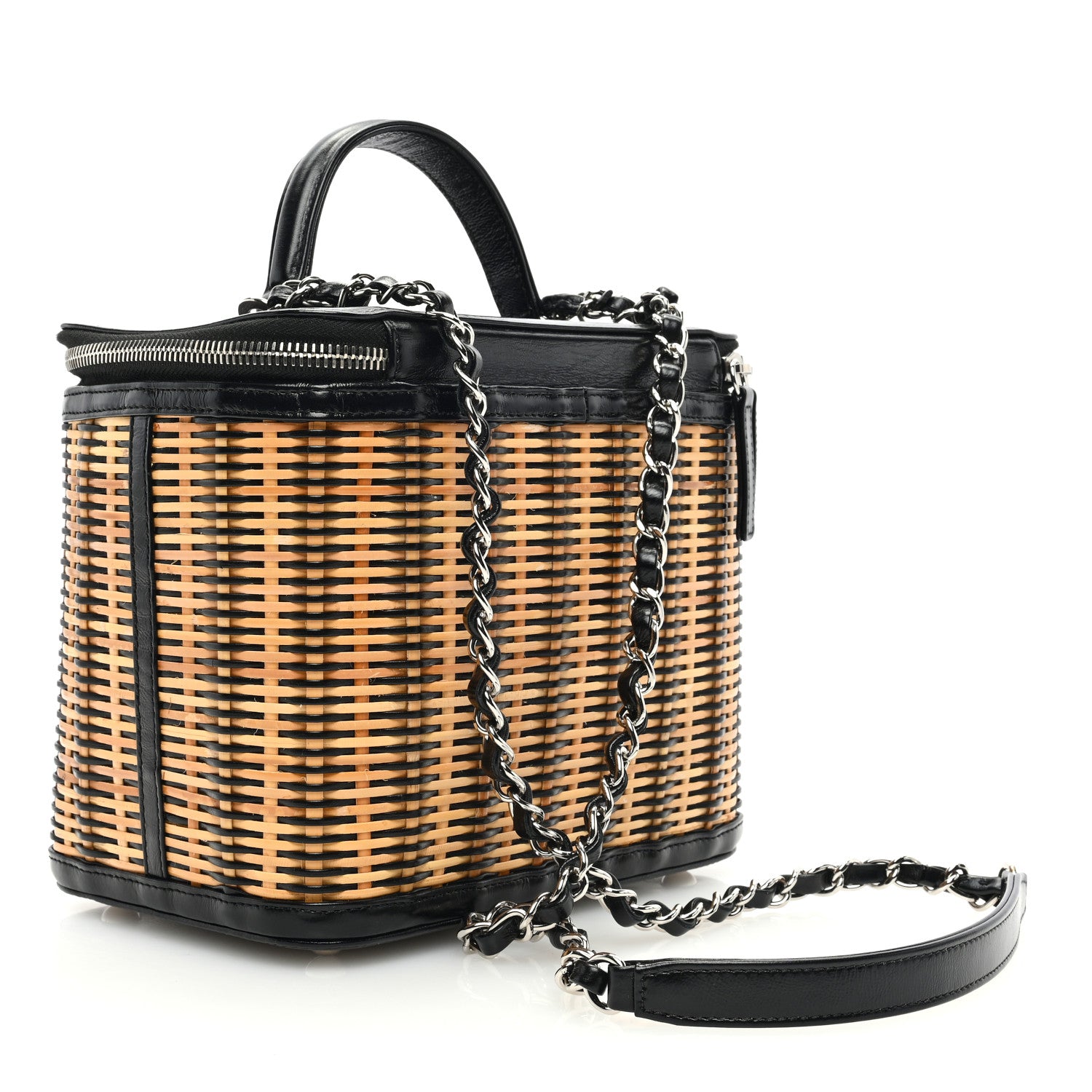 Chanel Glazed Calfskin Raffia Vanity Case Bag Black Beige 3 of 10