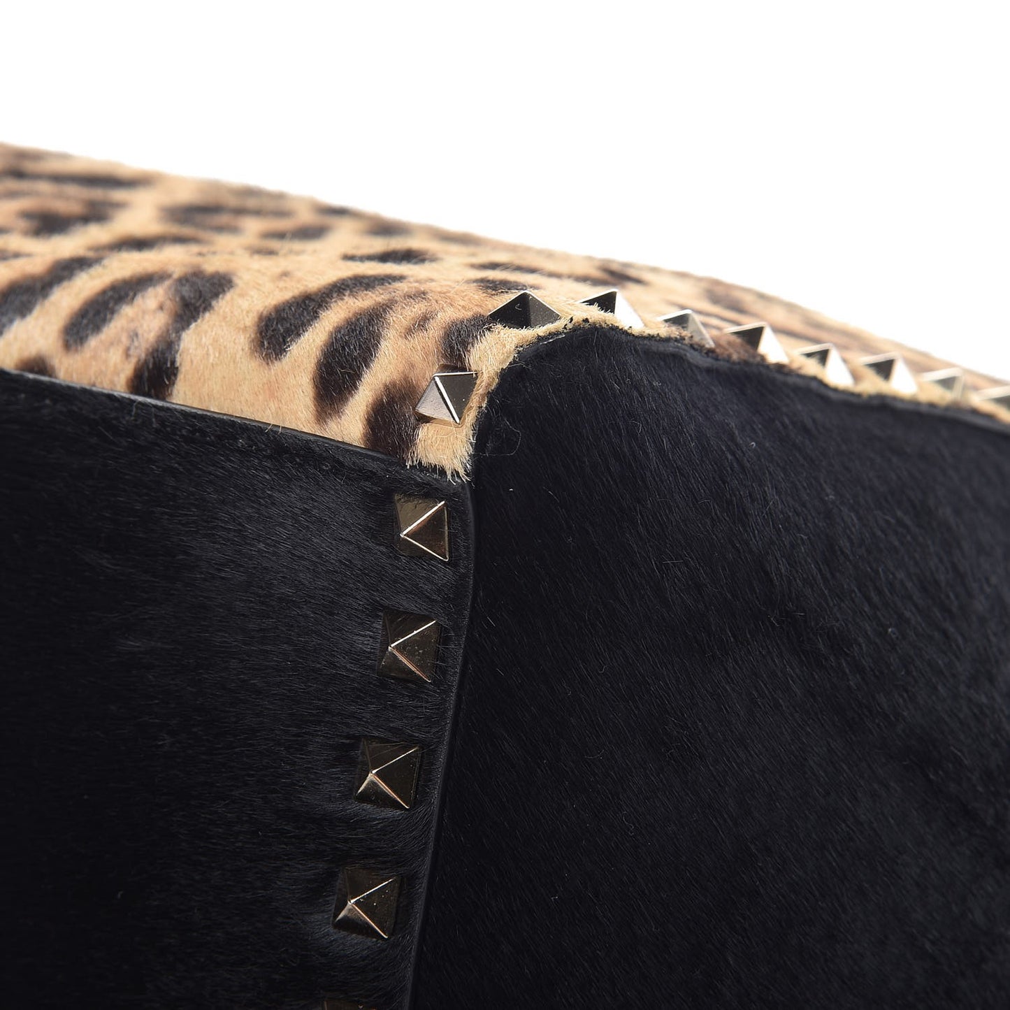 Calf Hair Leopard Print Rockstud Double Handle Tote Black