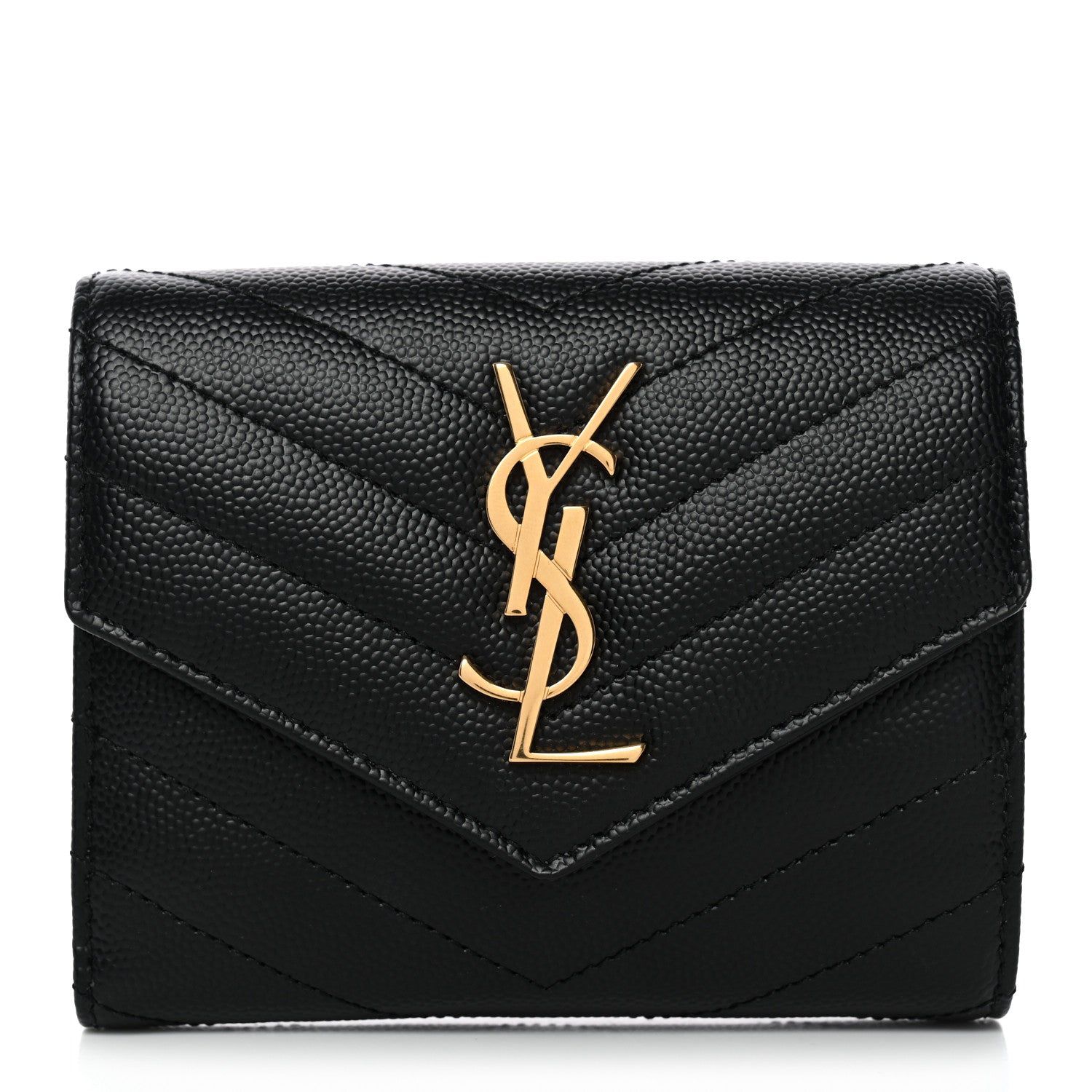 Saint Laurent Grain De Poudre Matelasse Chevron Monogram Compact Tri Fold Wallet Black 1 of 8