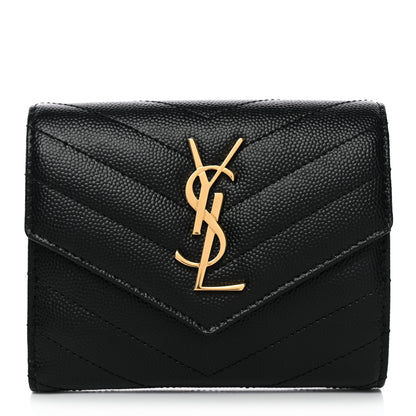 Saint Laurent Grain De Poudre Matelasse Chevron Monogram Compact Tri Fold Wallet Black 1 of 8