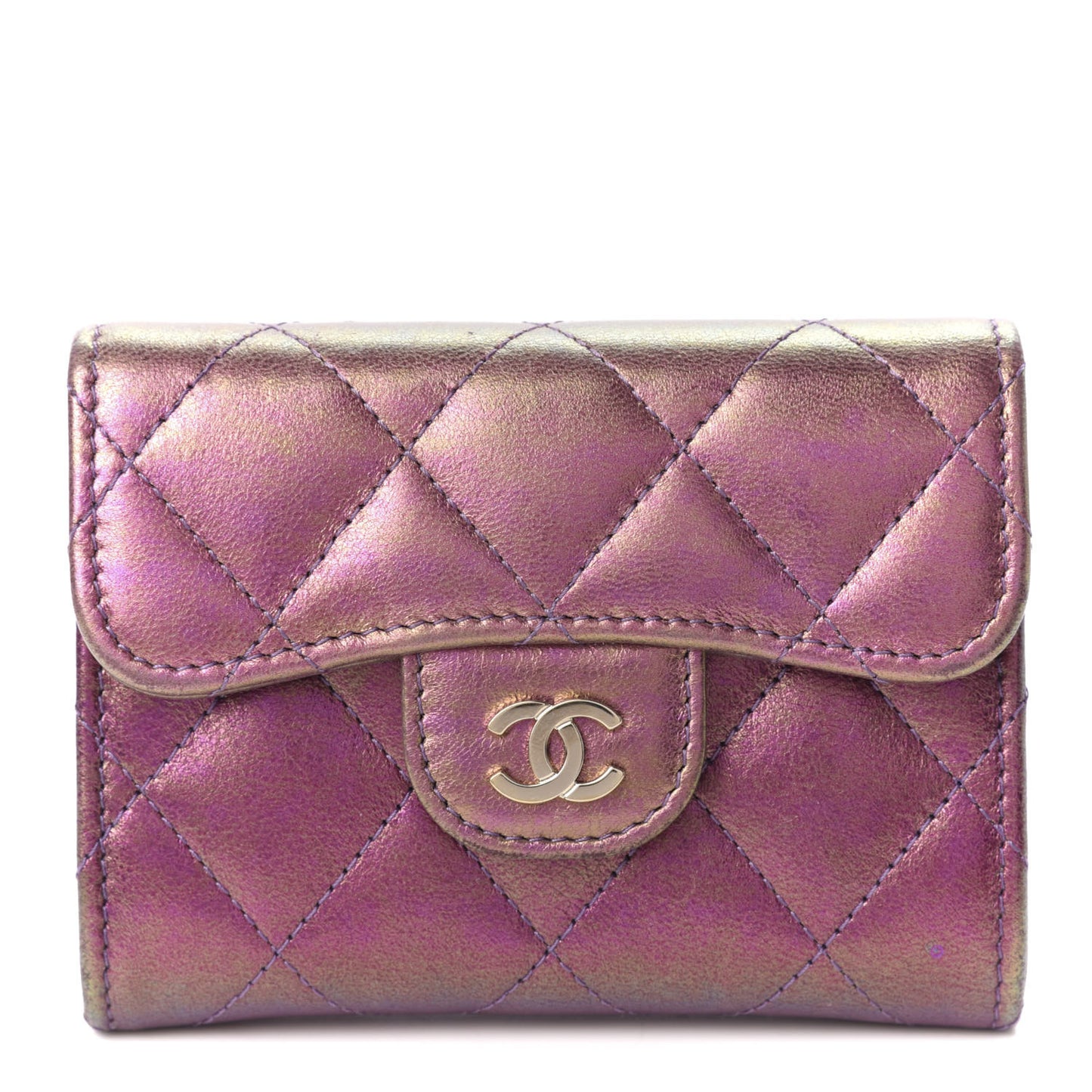 Iridescent Lambskin Quilted Flap Card Holder Purple