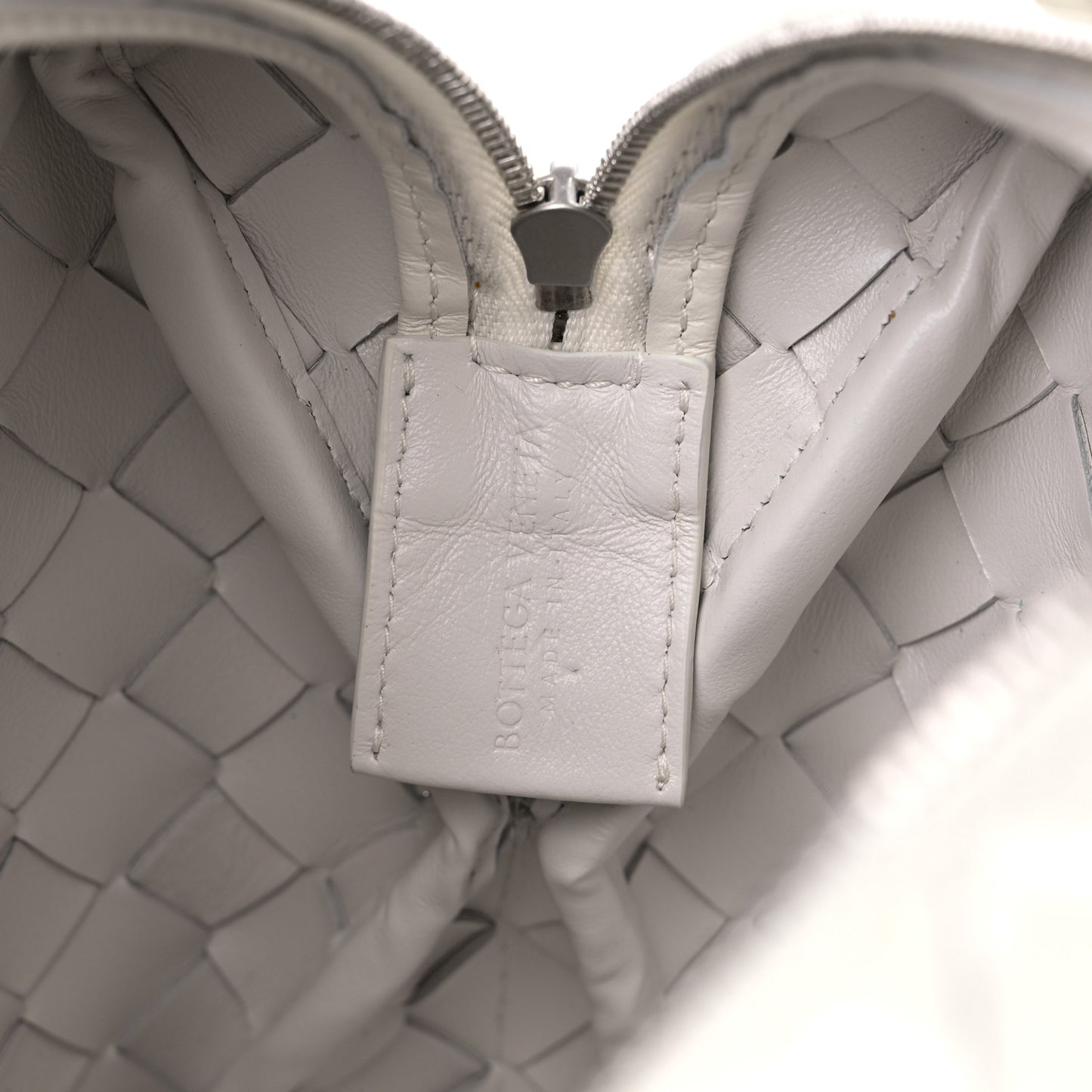 Patent Calfskin Intrecciato Small Loop Camera Bag White