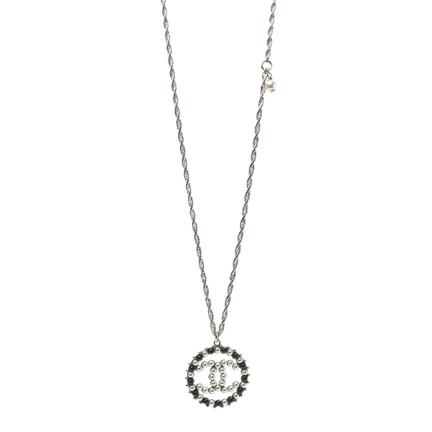Pearl Bead CC Medallion Necklace Gold Pearly White Black