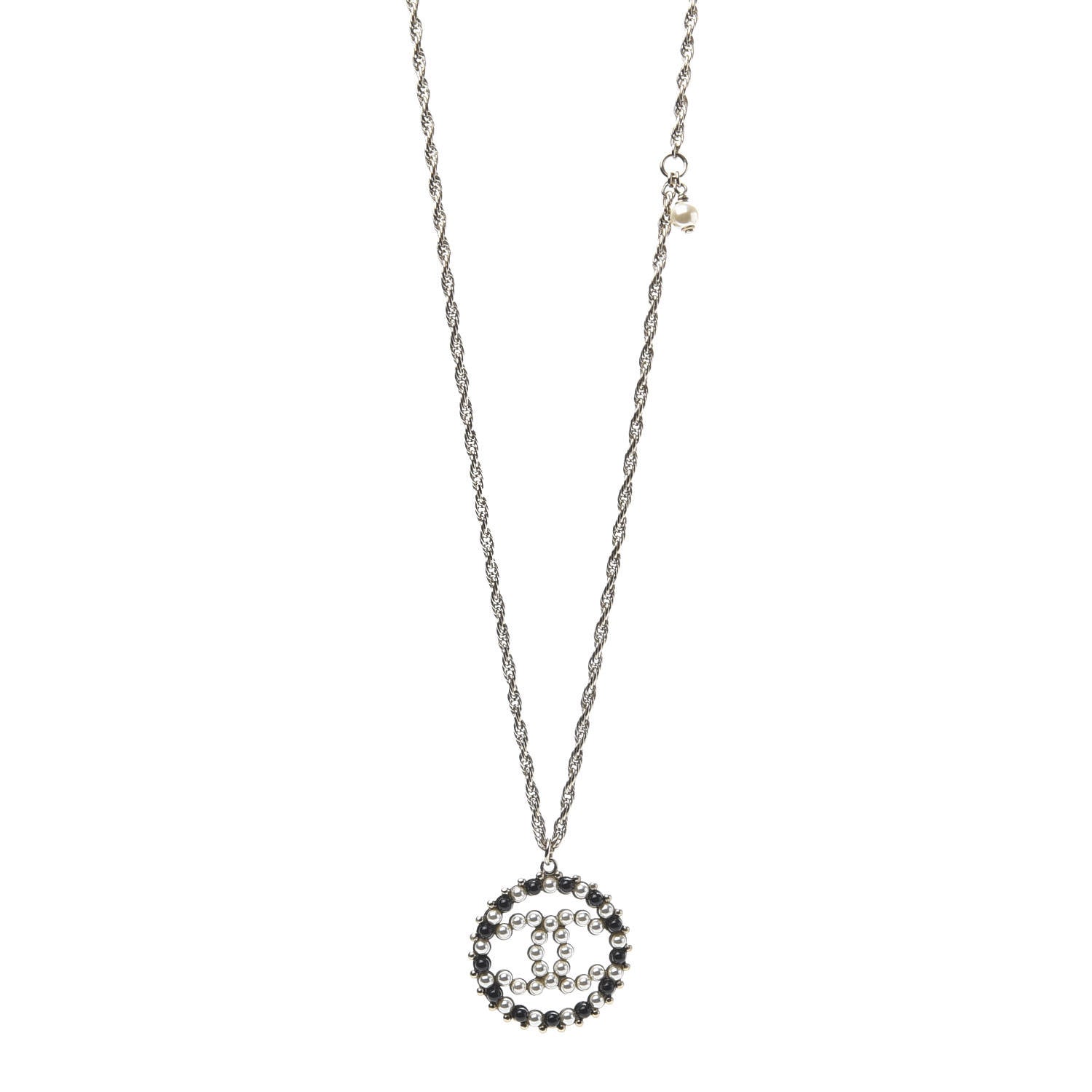 Chanel Pearl Bead CC Medallion Necklace Gold Pearly White Black 1 of 7