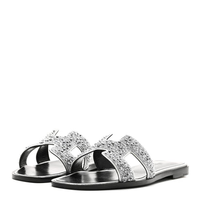 Hermes Velvet Goatskin Crystal Beads Oran Sandals 37 Gris Argente 4 of 11