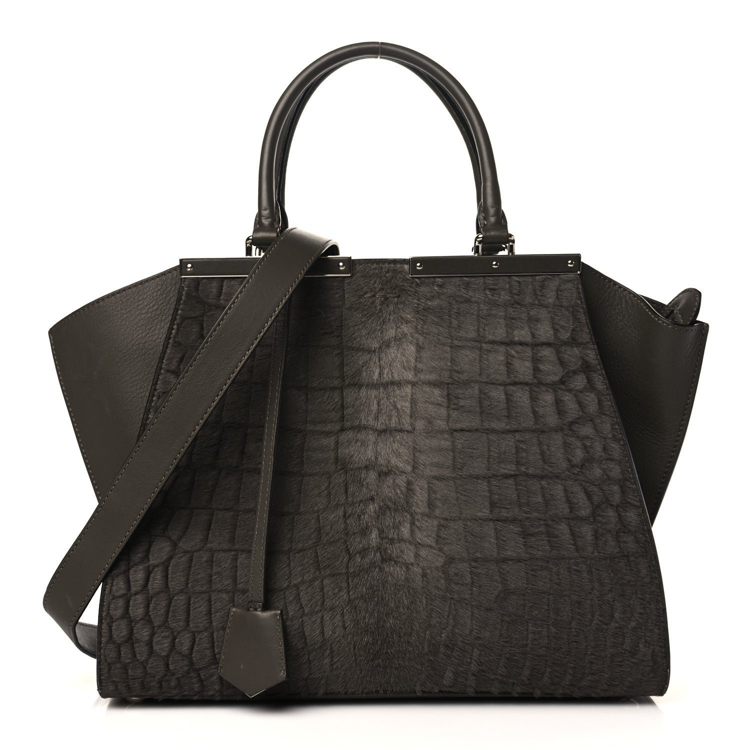 Fendi Vitello Pelo Flamingo Crocodile Embossed Petite 3Jours Tote Carbone 1 of 9