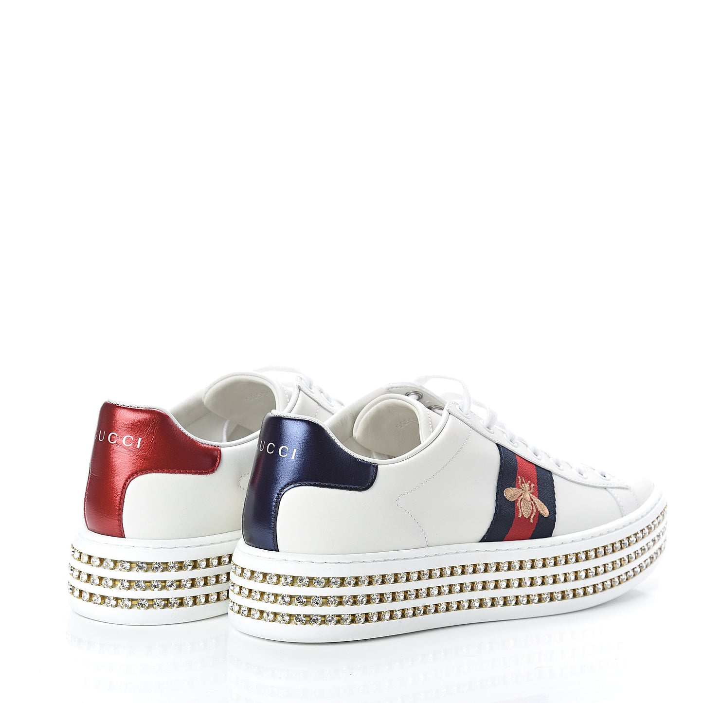 Calfskin Crystal Web Bee Embroidered Womens Ace Platform Sneakers 39 White