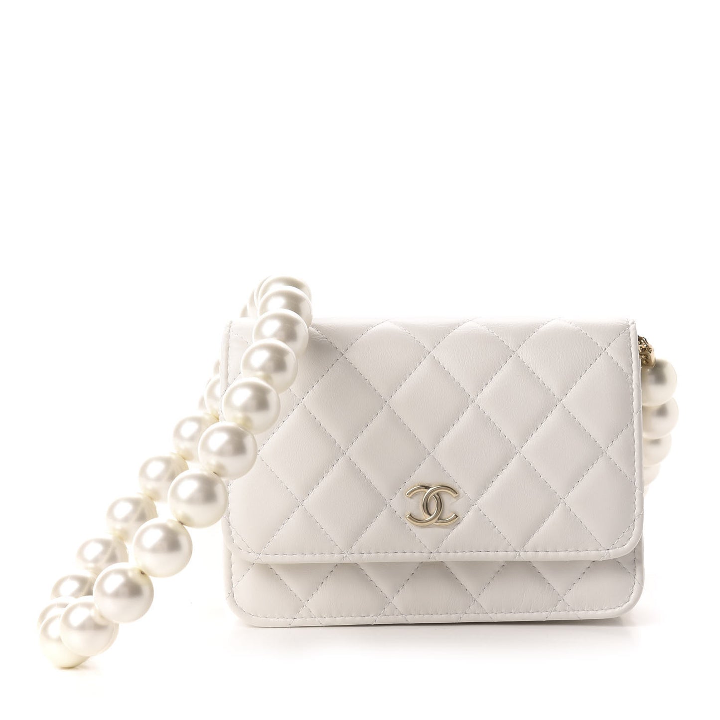 Calfskin Quilted CC Pearl Mini Wallet On Chain Flap White