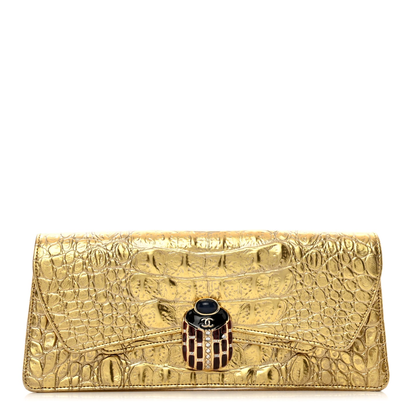 Metallic Calfskin Crocodile Embossed Cocodile Clutch Gold