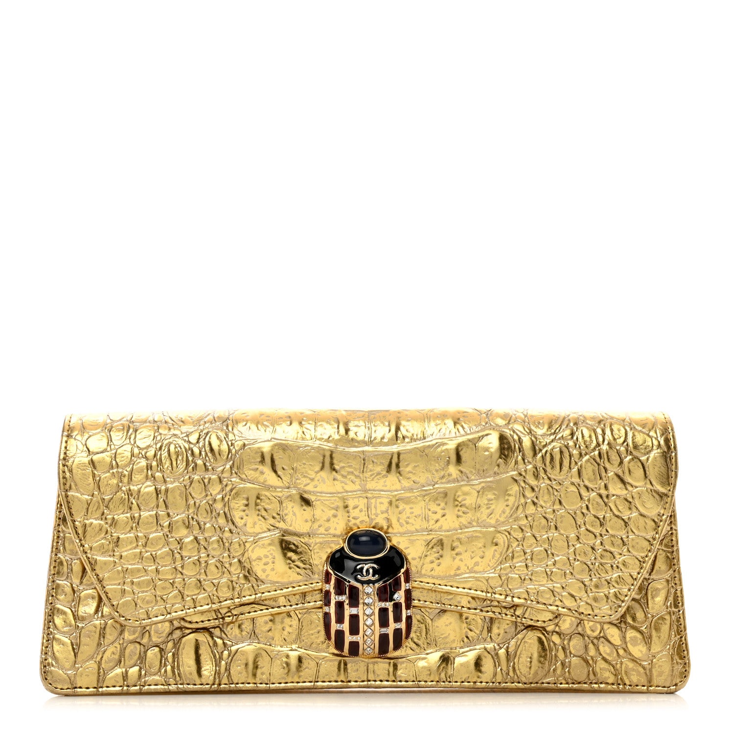 Chanel Metallic Calfskin Crocodile Embossed Cocodile Clutch Gold 1 of 8