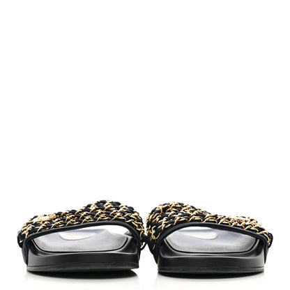 Chanel Satin Canvas Chain Slides Sandals Flats 40 Marine 2 of 11