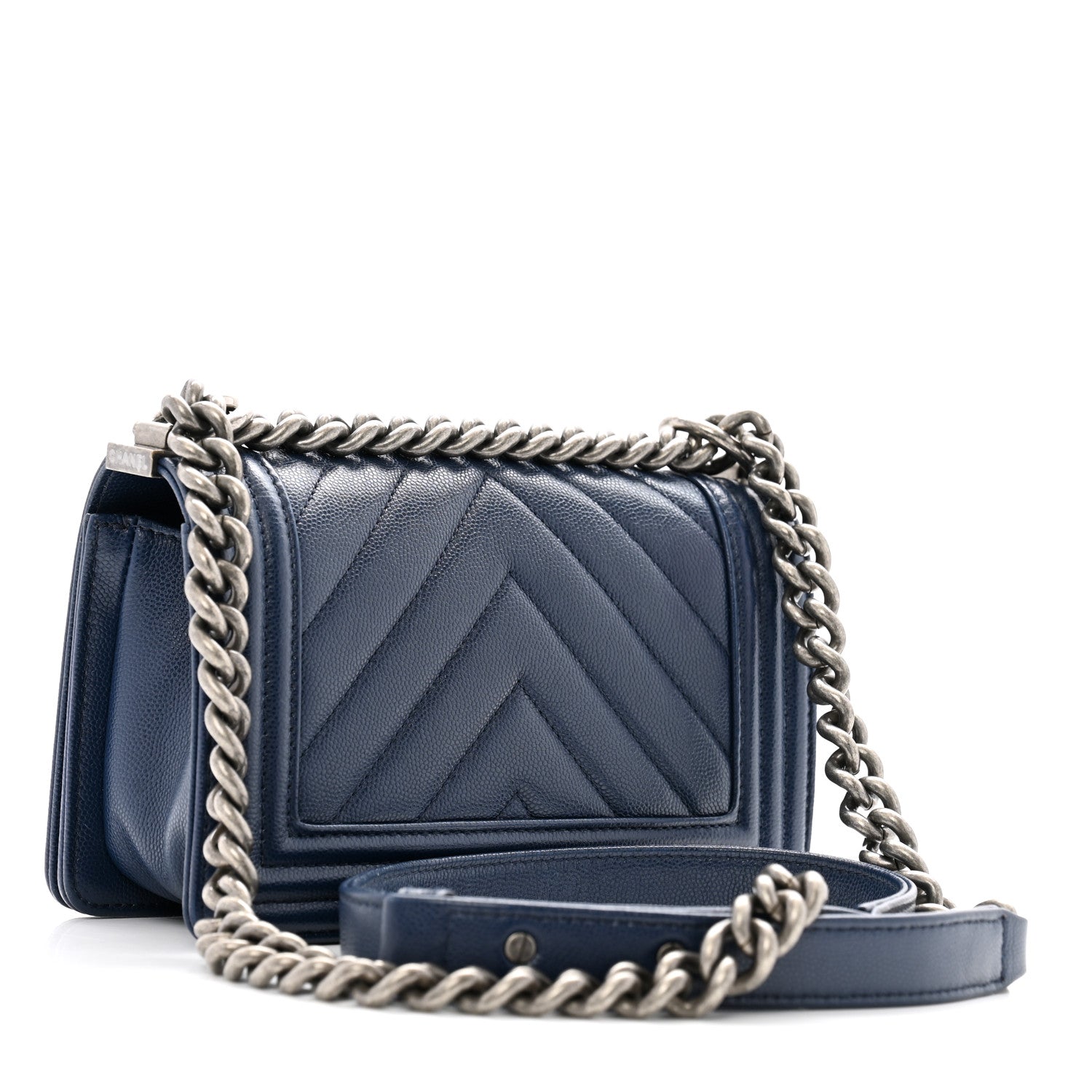 Chanel Caviar Chevron Quilted Small Boy Flap Navy Blue 3 of 13