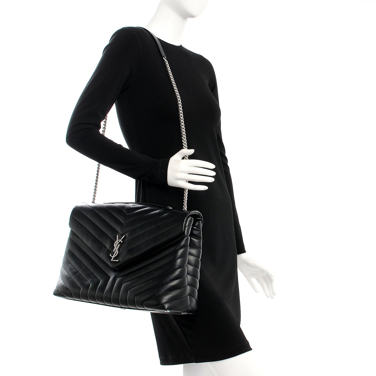 Calfskin Y Quilted Monogram Large Loulou Chain Satchel Black