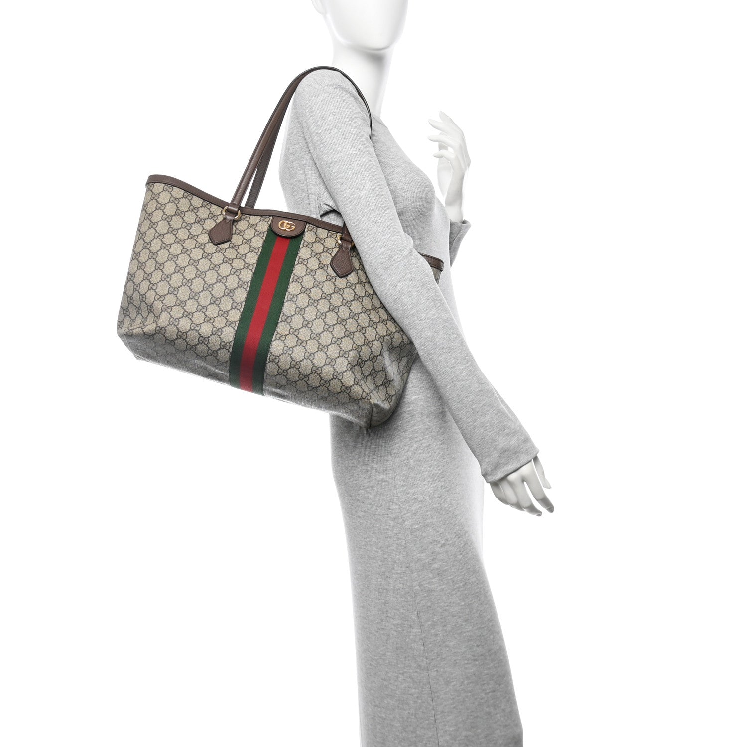 Gucci GG Supreme Monogram Textured Calfskin Web Medium Ophidia Shopping Tote Beige Ebony New Acero 2 of 12