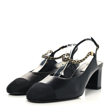 Chanel Lambskin Grosgrain Cap Toe Chain Slingback Pumps 41 Black 3 of 8
