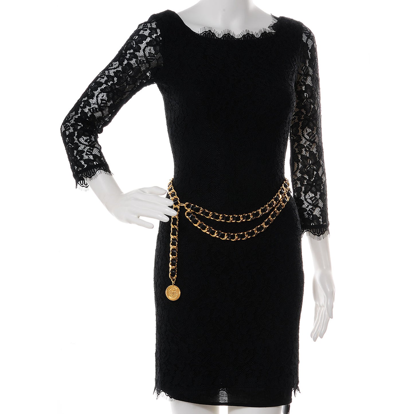 Leather Chain CC Medallion Belt Black Gold