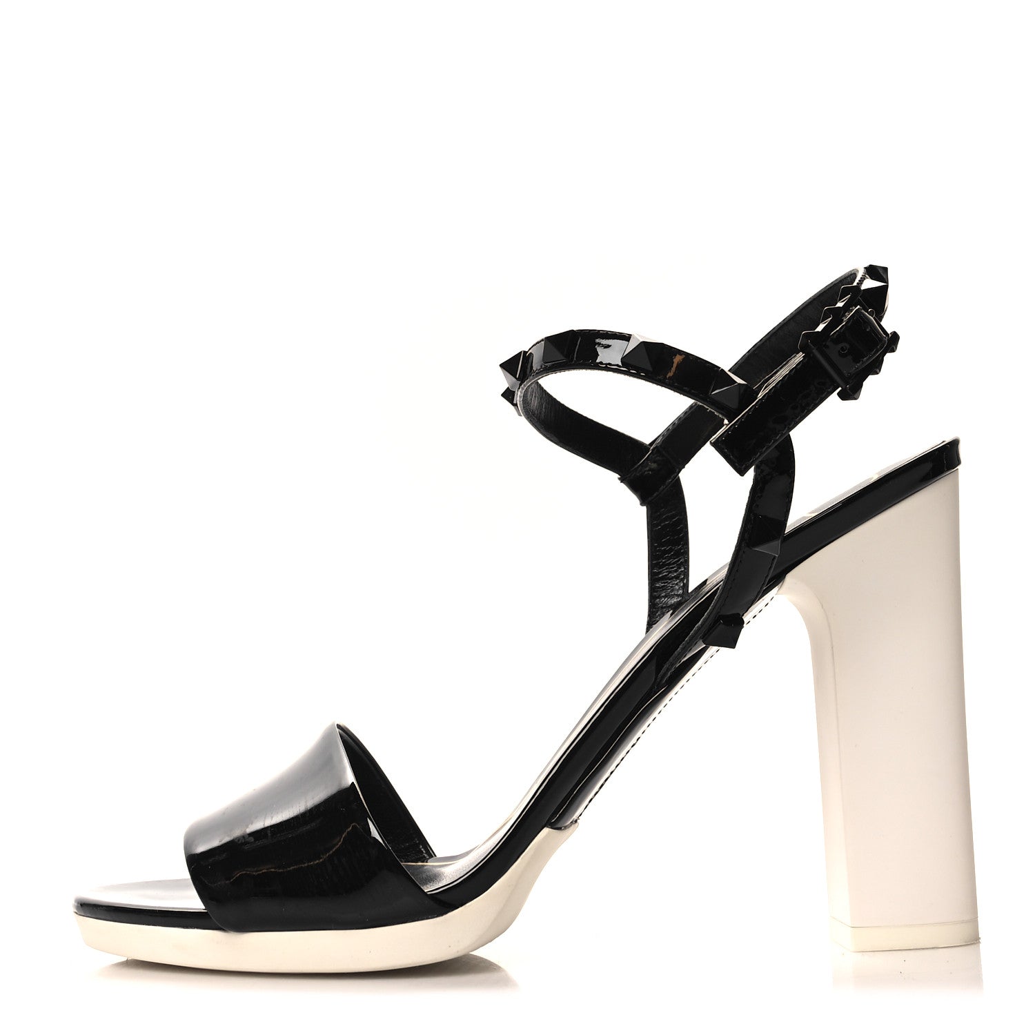 Valentino Garavani Patent Rockstud Block Ankle Strap Sandals 38.5 Black White 1 of 8