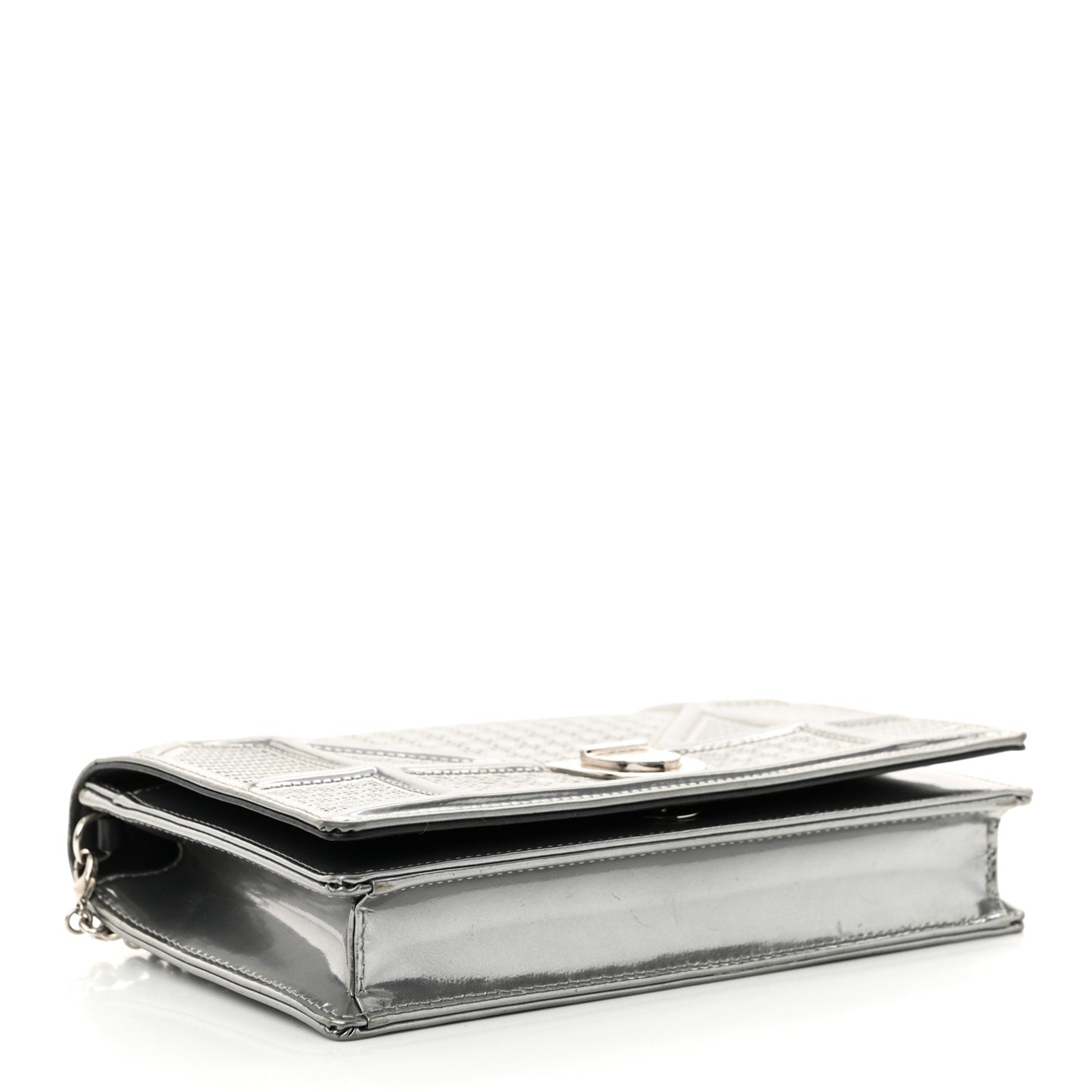 Metallic Patent Micro-Cannage Diorama Wallet on Chain Pouch Silver