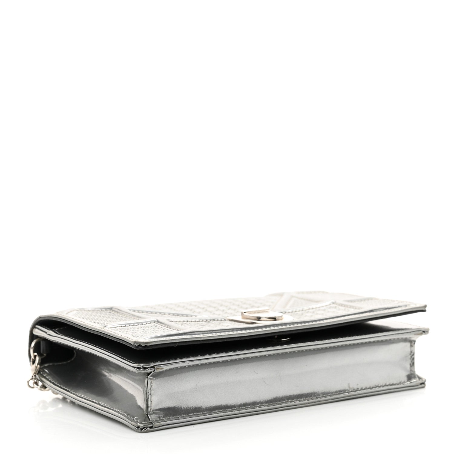 Christian Dior Metallic Patent Micro-Cannage Diorama Wallet on Chain Pouch Silver 4 of 14