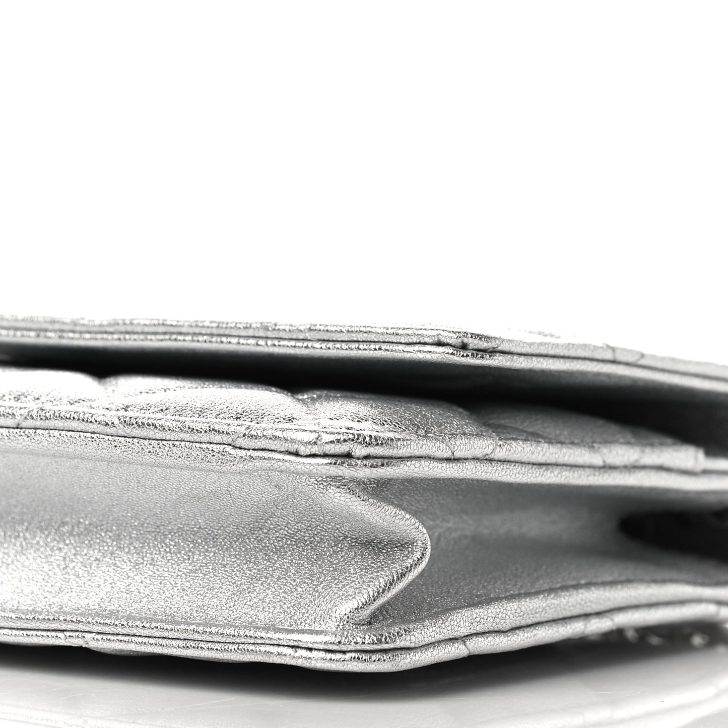 Metallic Lambskin Quilted Wallet On Chain WOC Silver