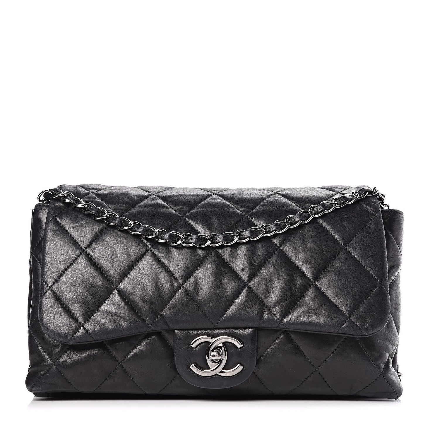 Lambskin Quilted 3 Accordion Flap Bag Black