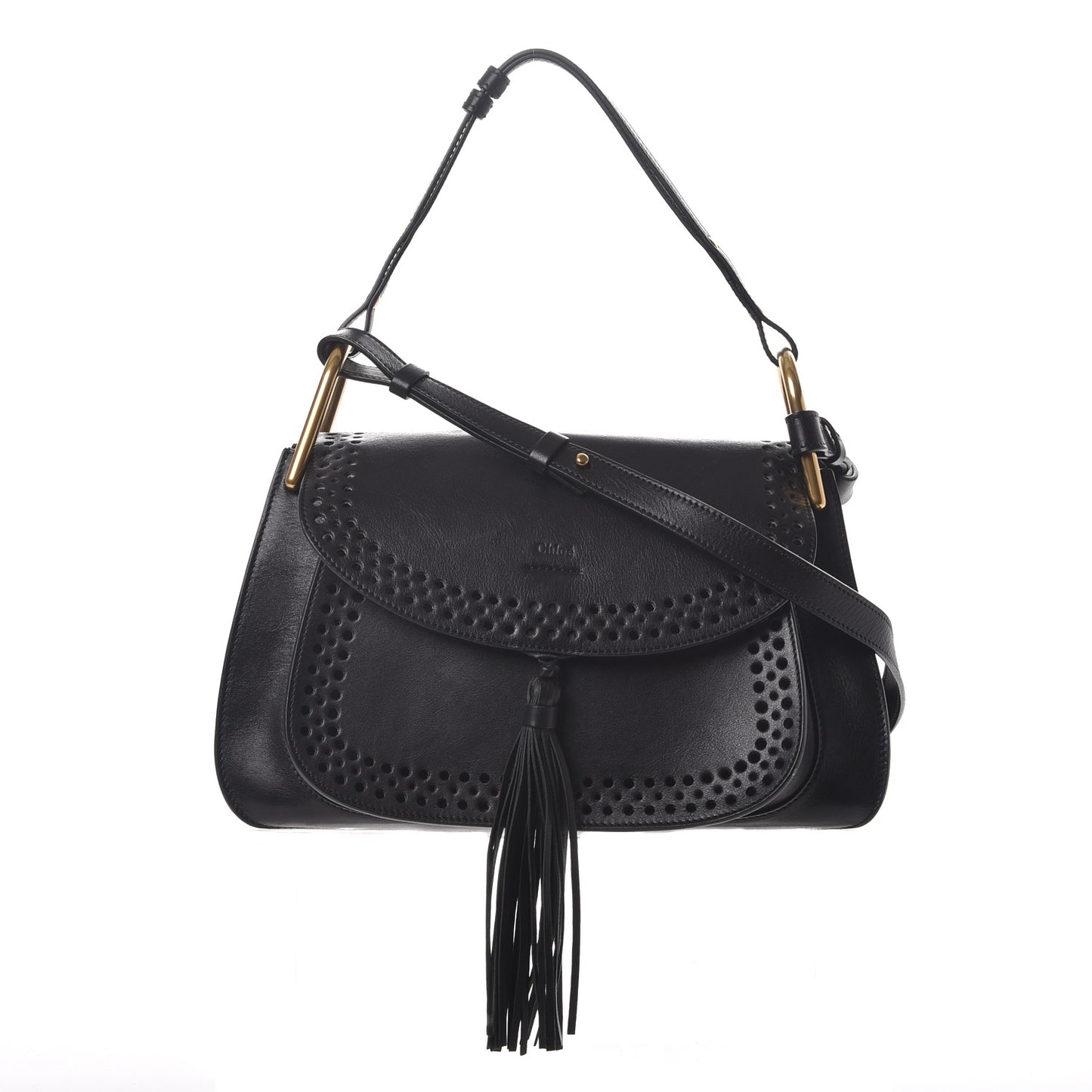 Calfskin Perforated Medium Hudson Double Carry Shoulder Bag Black