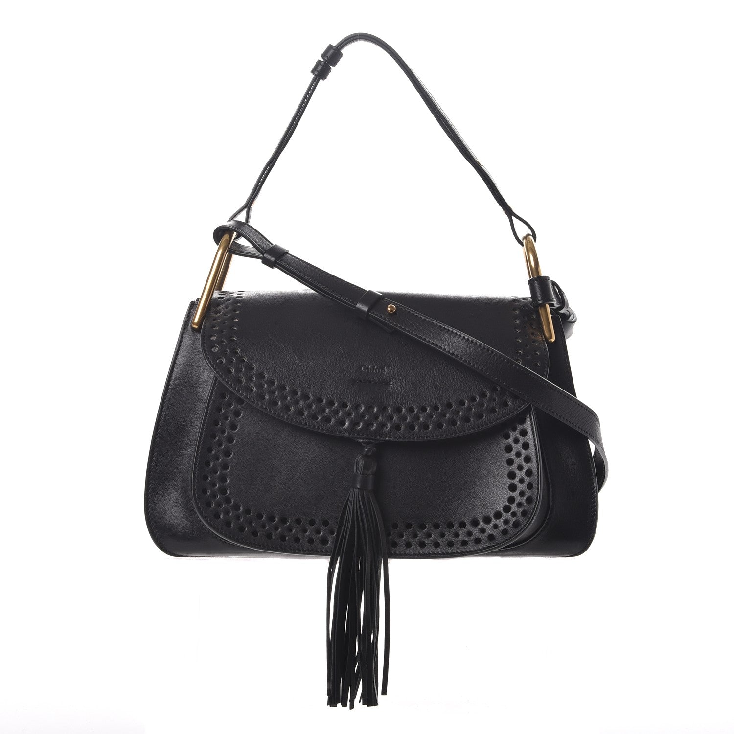 Chloe Calfskin Perforated Medium Hudson Double Carry Shoulder Bag Black 1 of 8