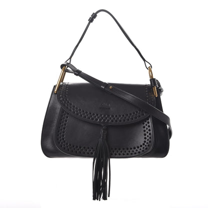 Chloe Calfskin Perforated Medium Hudson Double Carry Shoulder Bag Black 1 of 8