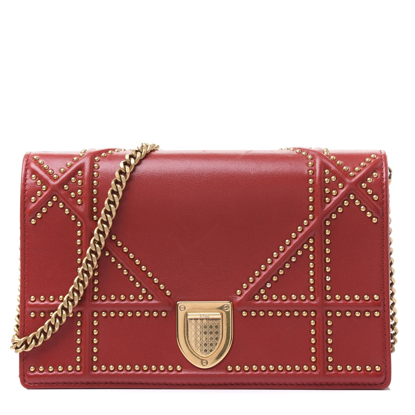 Lambskin Studded Diorama Wallet on Chain Pouch Red