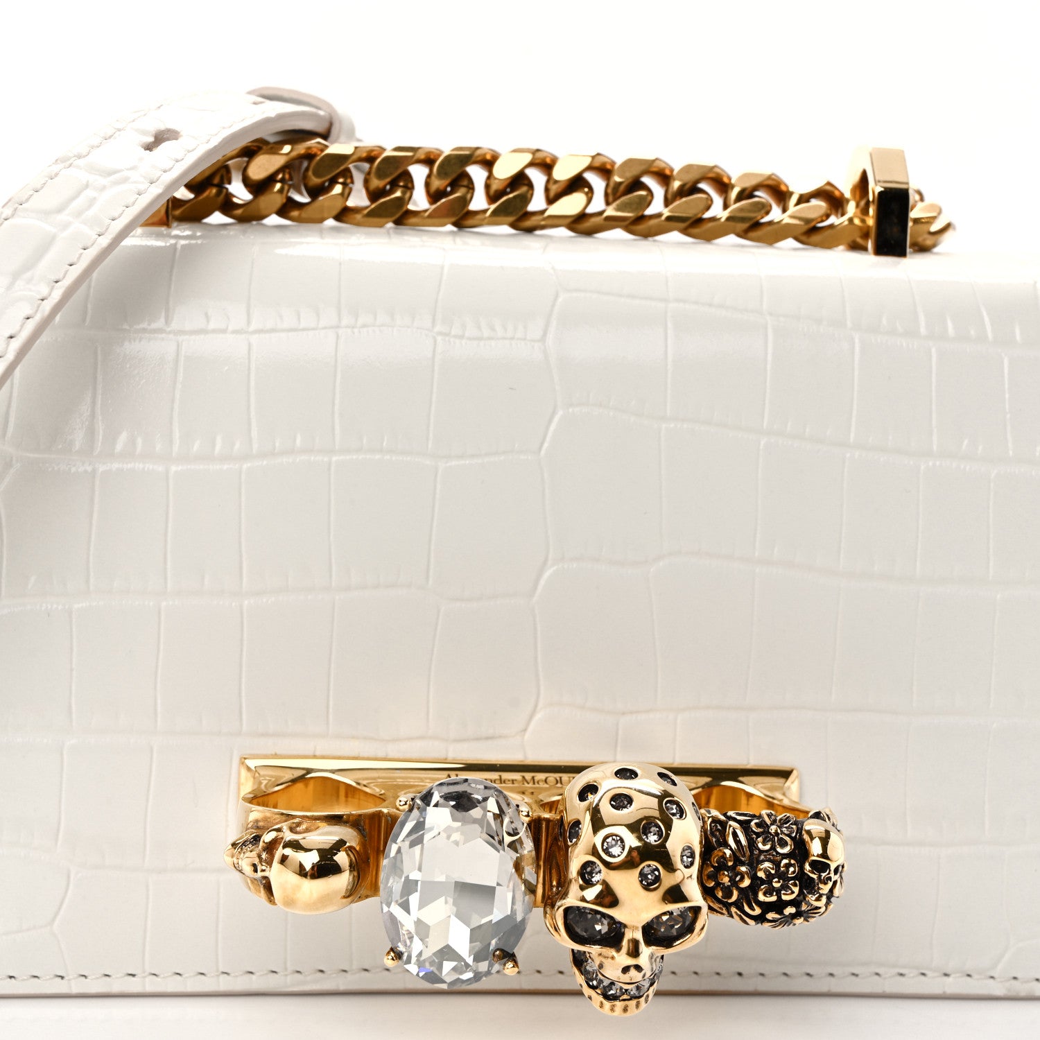 Alexander McQueen Calfskin Crocodile Embossed Mini Jeweled Satchel Deep Ivory 8 of 10