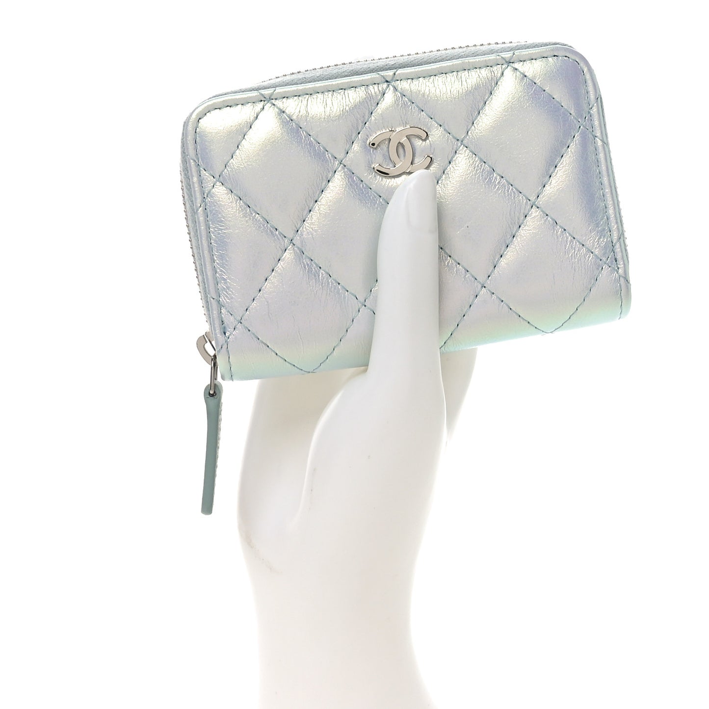 Iridescent Calfskin Quilted Zip Coin Purse Wallet Light Blue