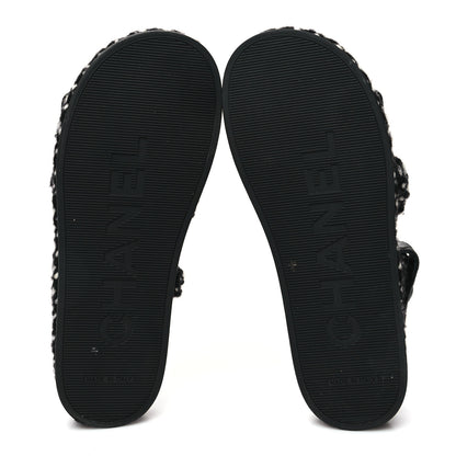 Chanel Cord Lambskin Quilted Logo Sandals 37 Black White 5 of 8