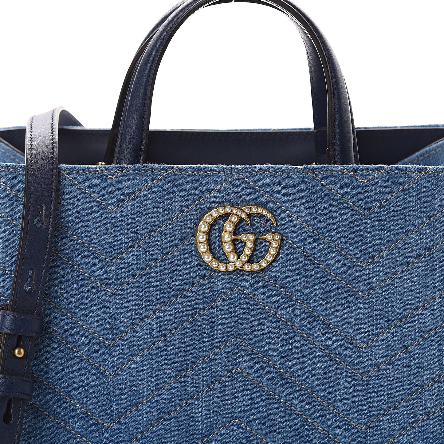Denim Matelasse Small Pearly GG Marmont Tote Blue