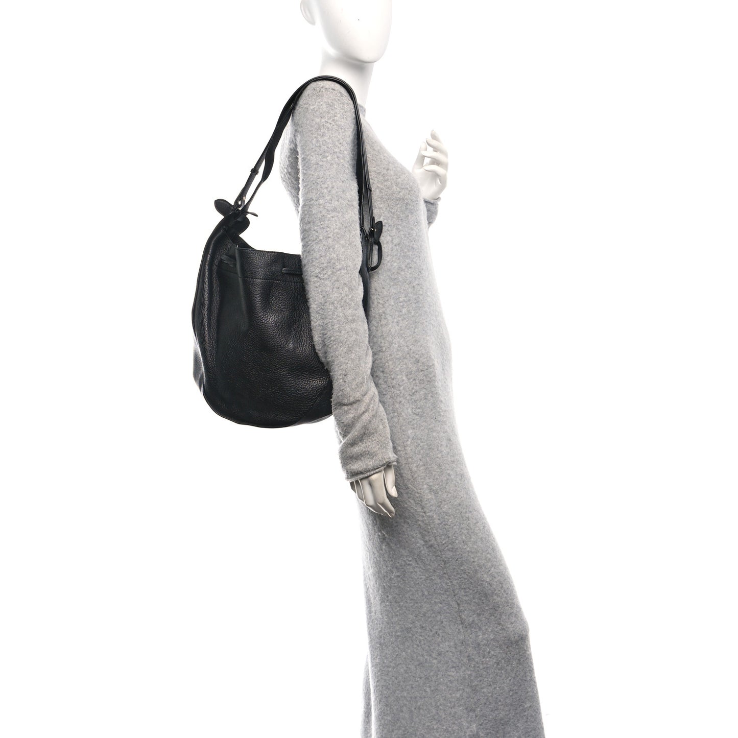 Grained Calfskin Drawstring Bucket Bag Black