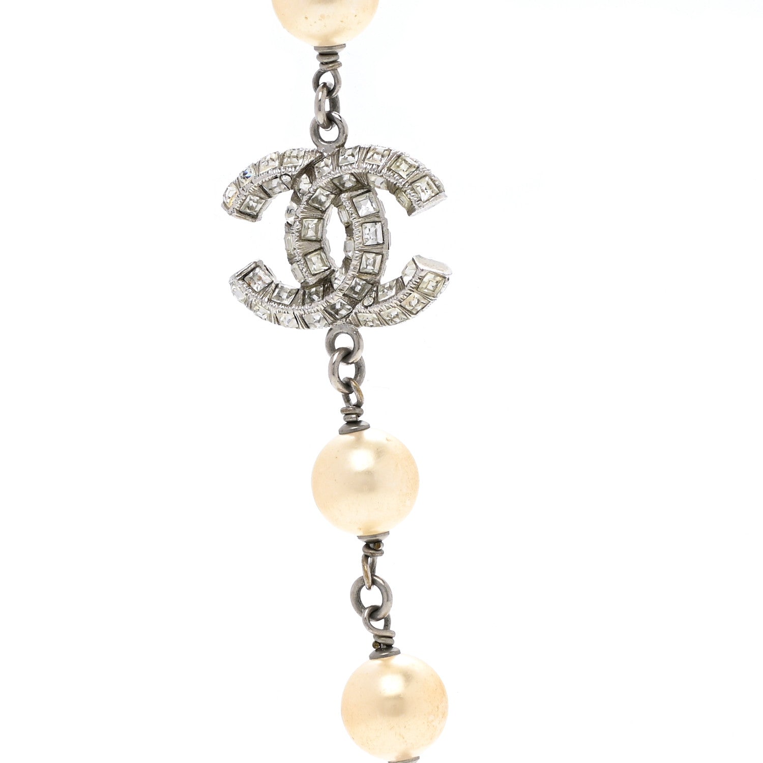 Chanel Pearl Baguette Crystal CC Long Necklace Silver 4 of 7