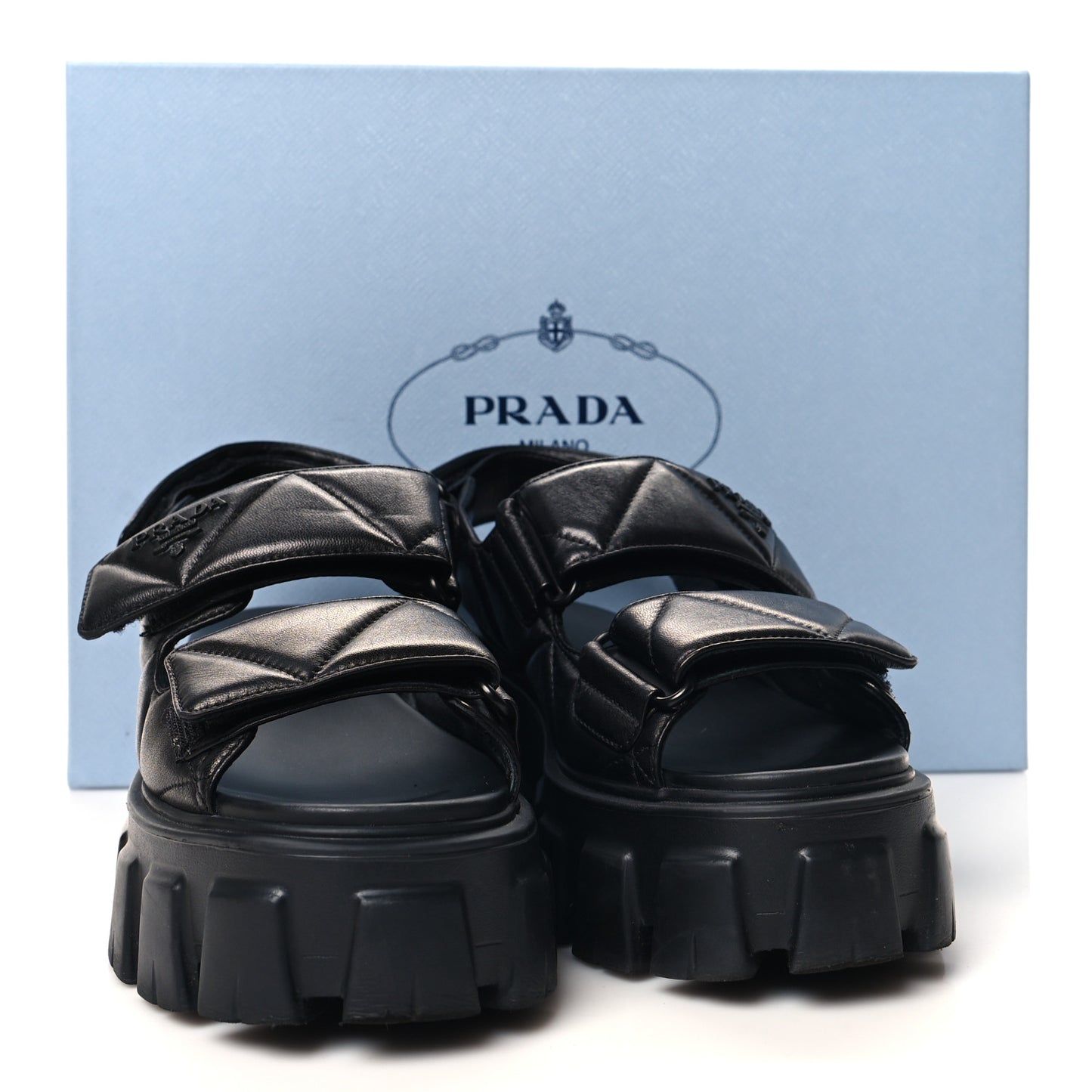 Nappa Soft Metal Triangle Logo Padded Monolith 55mm Slingback Sandals 36 Black