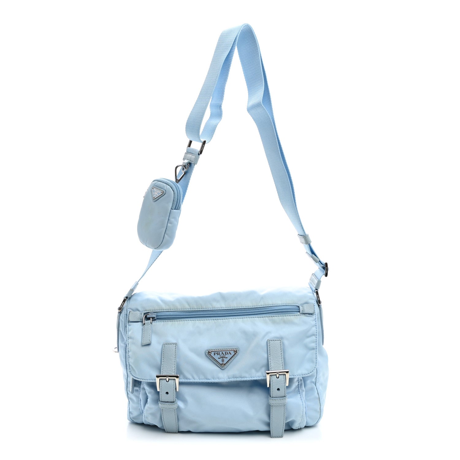 Prada Re-Nylon Vela Saffiano Pocket Double Buckle Messenger Shoulder Bag Celeste 1 of 13