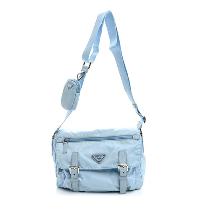 Prada Re-Nylon Vela Saffiano Pocket Double Buckle Messenger Shoulder Bag Celeste 1 of 13