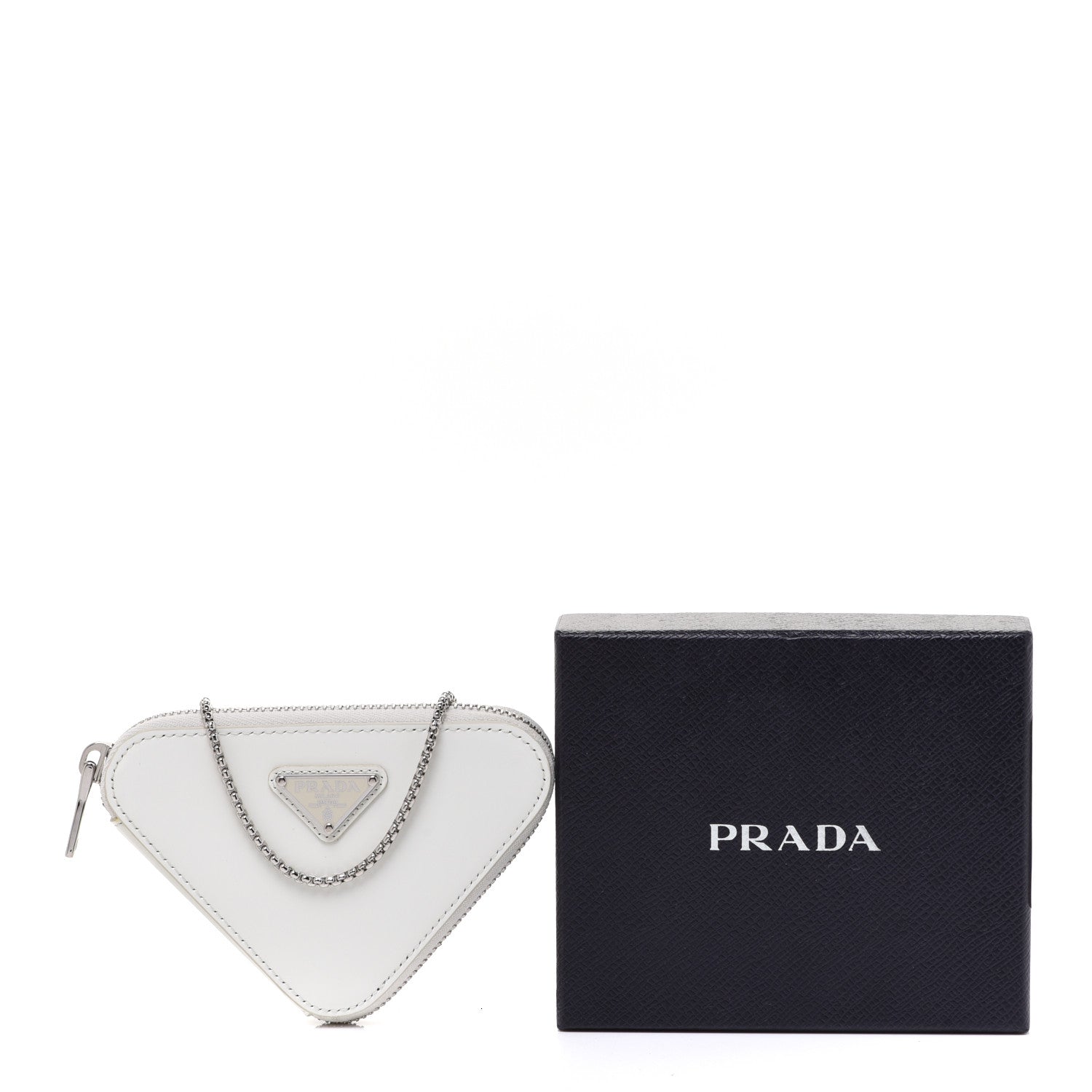 Prada Spazzolato Mini Triangle Chain Crossbody Pouch White 1046270