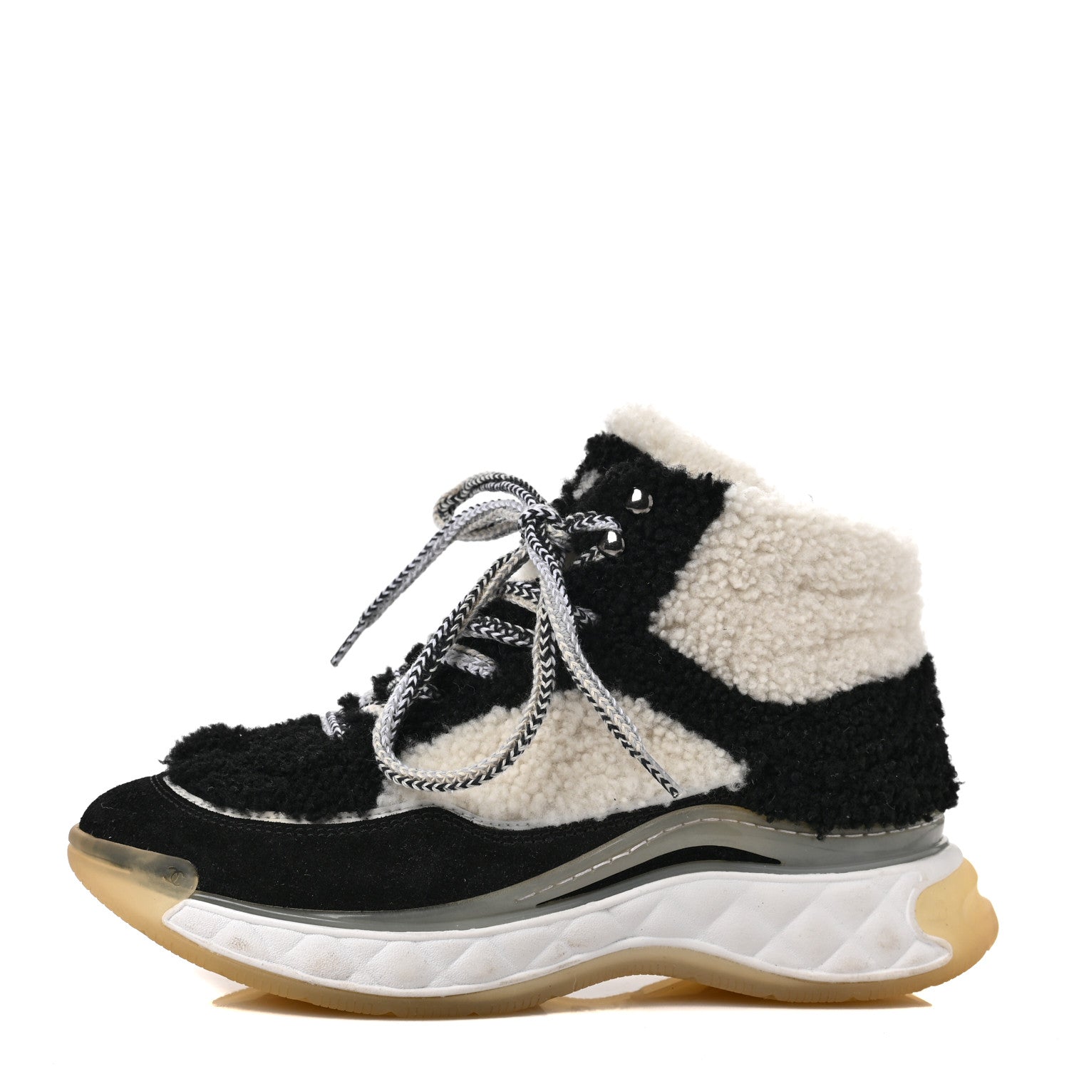 Chanel Shearling Suede CC High Top Sneakers 36.5 Black White 1 of 8