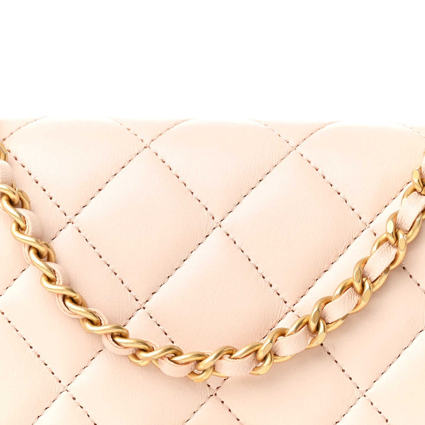 Lambskin Quilted CC Pearl Crush Wallet on Chain WOC Light Beige
