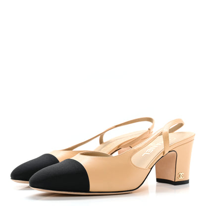 Chanel Lambskin Grosgrain Cap Toe CC Slingback Pumps 39 Beige Black 3 of 10