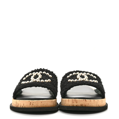 Chanel Fabric Pearl Cork CC Slip On Sandals 40 Black 3 of 10