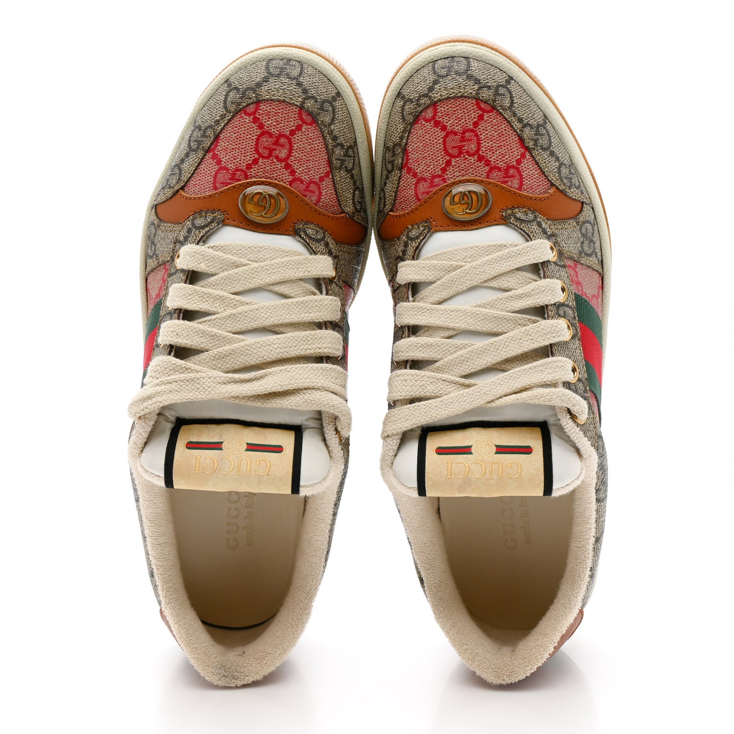 GG Supreme Monogram Harness Calfskin Web Womens Screener Sneakers 37.5 Beige Ebony Rosso Harness Brown