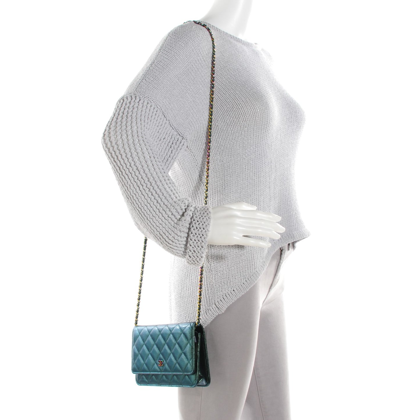 Iridescent Goatskin Quilted Wallet On Chain WOC Green
