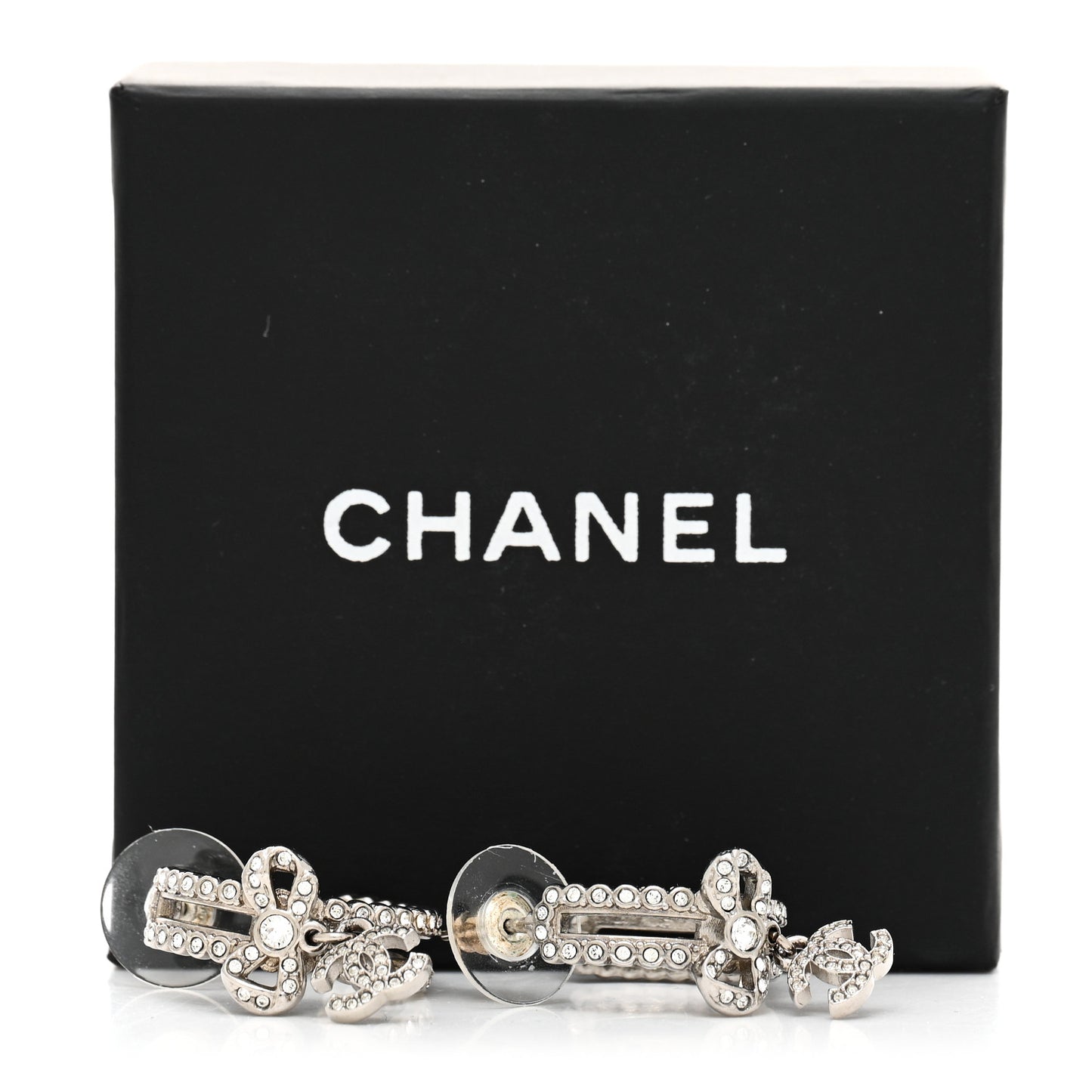 Metal Crystal CC Bow Hoop Earrings Silver