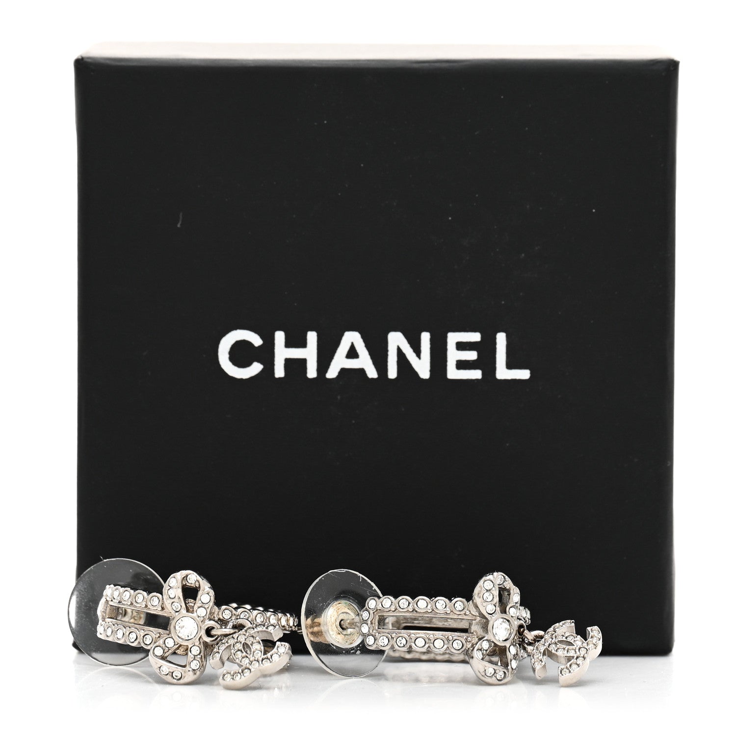 Chanel Metal Crystal CC Bow Hoop Earrings Silver 5 of 5