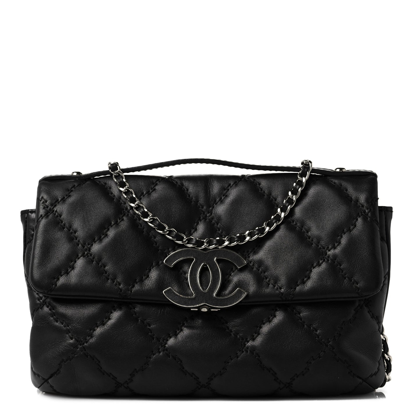 Calfskin Quilted Double Stitch Hamptons Clutch with Chain Black