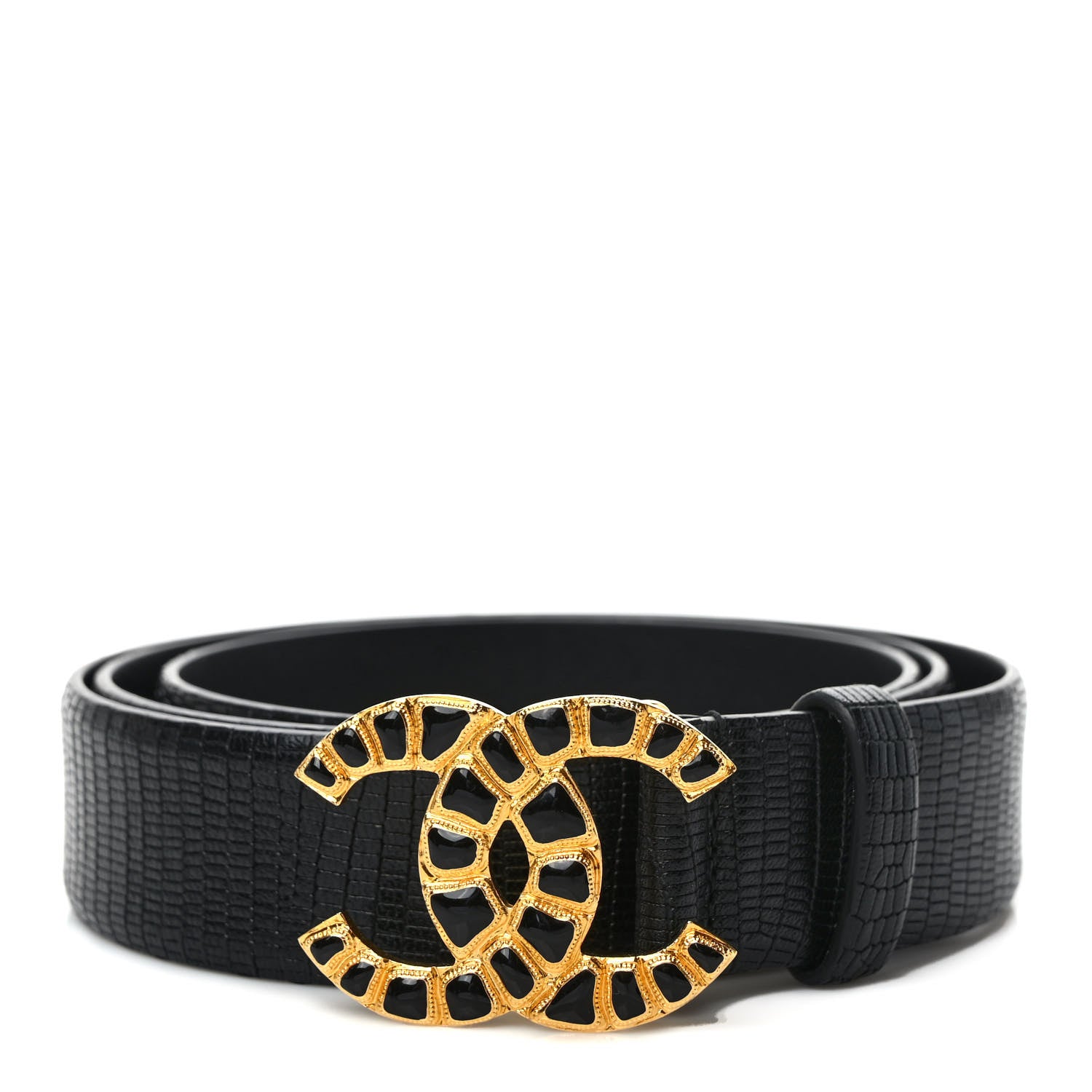 Chanel Lizard Embossed Calfskin Gripoix Poured Glass Along The Nile CC Belt 95 38 Black 1 of 5